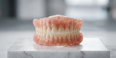A complete set of natural-looking Snap-On Dentures resting on a marble surface, showcasing the high-quality full-arch prosthesis offered by Cancun Dental Design clinic.
