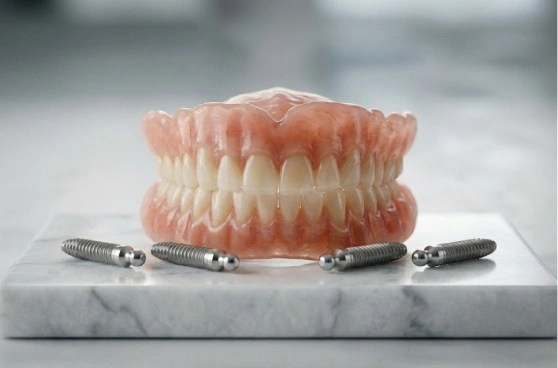 Full set of Snap-On Dentures displayed with four mini dental implants