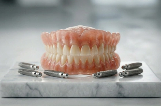 Full set of Snap-On Dentures displayed with six mini dental implants