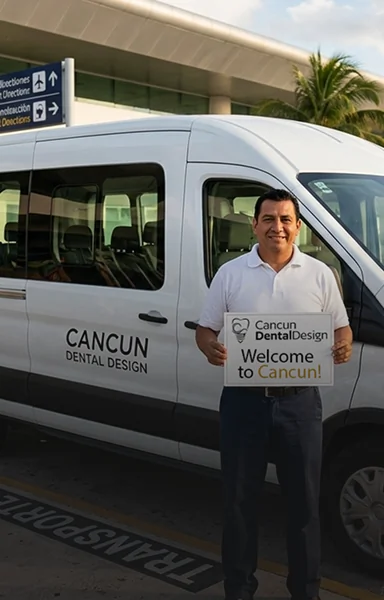 Smiling driver holding a Welcome to Cancun sign next to a Cancun Dental Design shuttle van outside the airport.