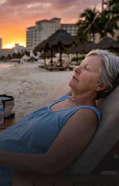 A relaxed senior woman peacefully resting on a beach lounge chair in Cancun at sunset.